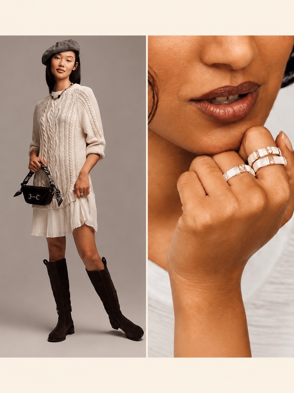 Anthropologie Cable Knit Pleated Dress + Anthropologie Gold-Tone 3-Ring Set